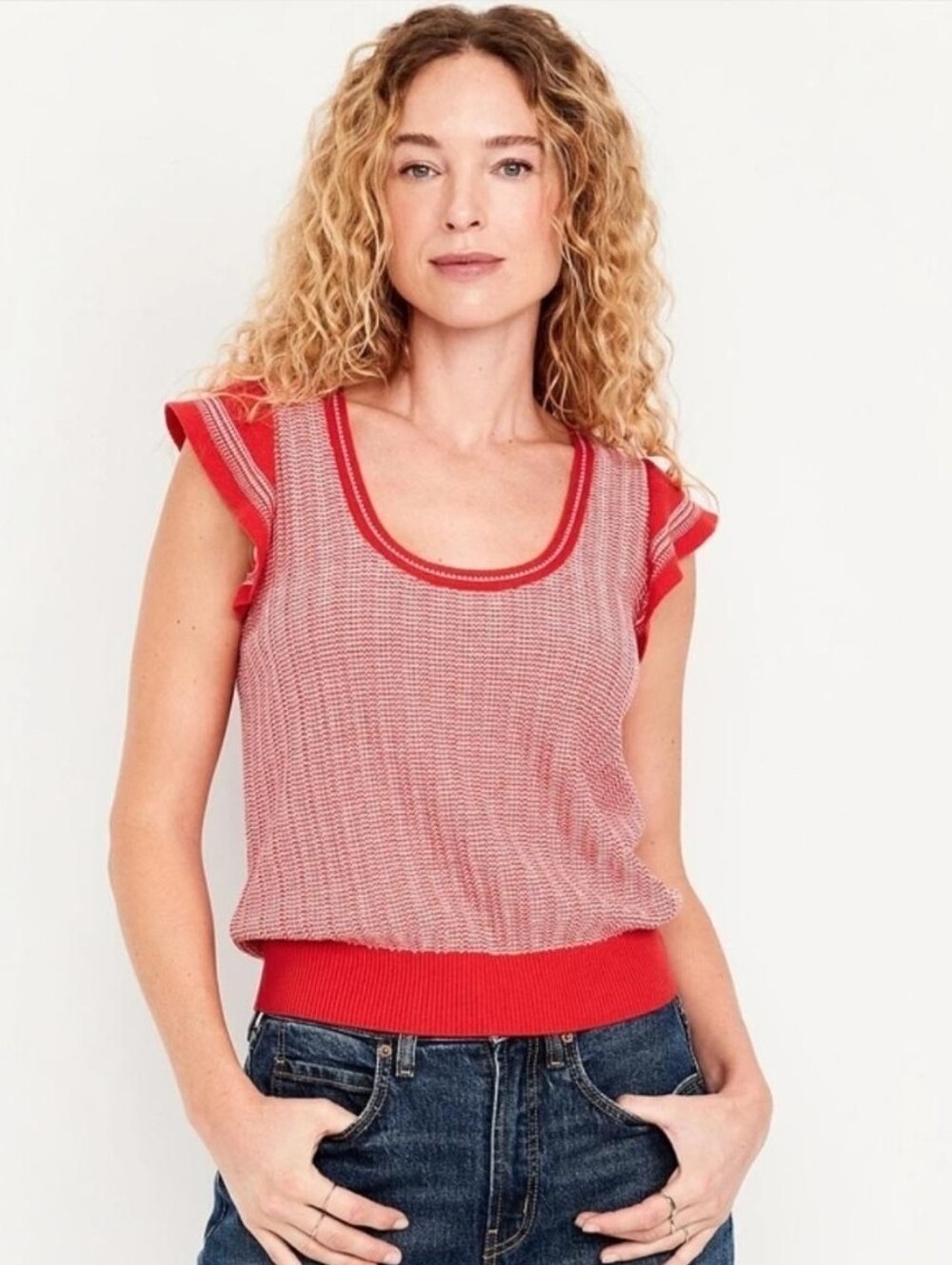 Old Navy Coral and Cream Ruffle Sleeve Knit Tank